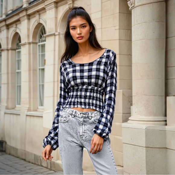 Sim & Sam Tops - NWT Sim & Sam Black & White Plaid Smocked Long Sleeve Peasant Top | Size M